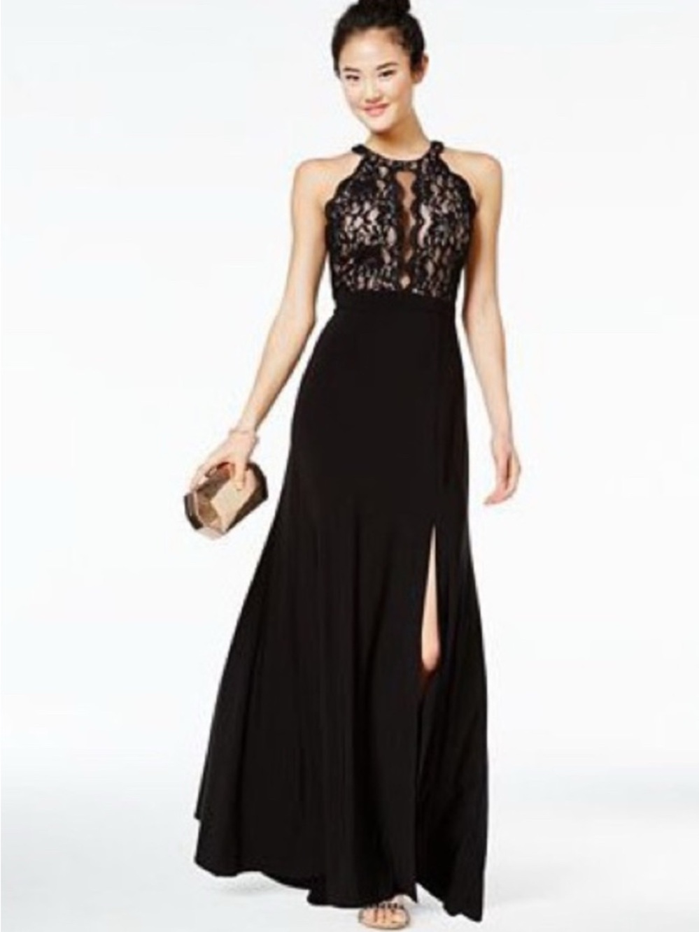 Morgan & Co. Black Lace Halter Maxi Dress